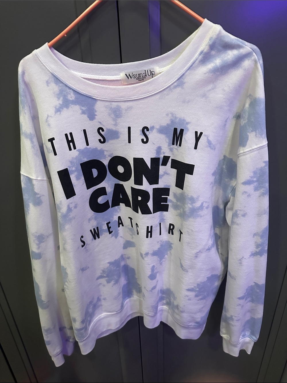 Wound Up Lavender Tie-Dye Crewneck with Bold 'I DON'T CARE' Graphic